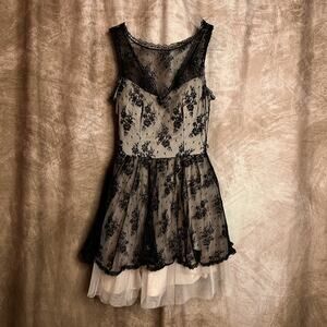 B. Smart Floral Lace Formal Mini Dress Mesh Layered Sleeveless Black Beige Fairy